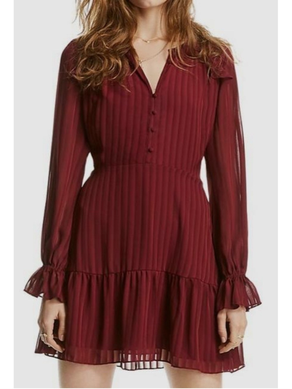 LINI Lucy Shadow Stripe Chiffon Ruffle Flounce Mini Dress Burgundy Size 0 EUC